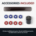 Included accessories with Hathaway Montecito 12-ft Shuffleboard Table – Driftwood: four red and four blue pucks, one table brush, and one can of shuffleboard wax.