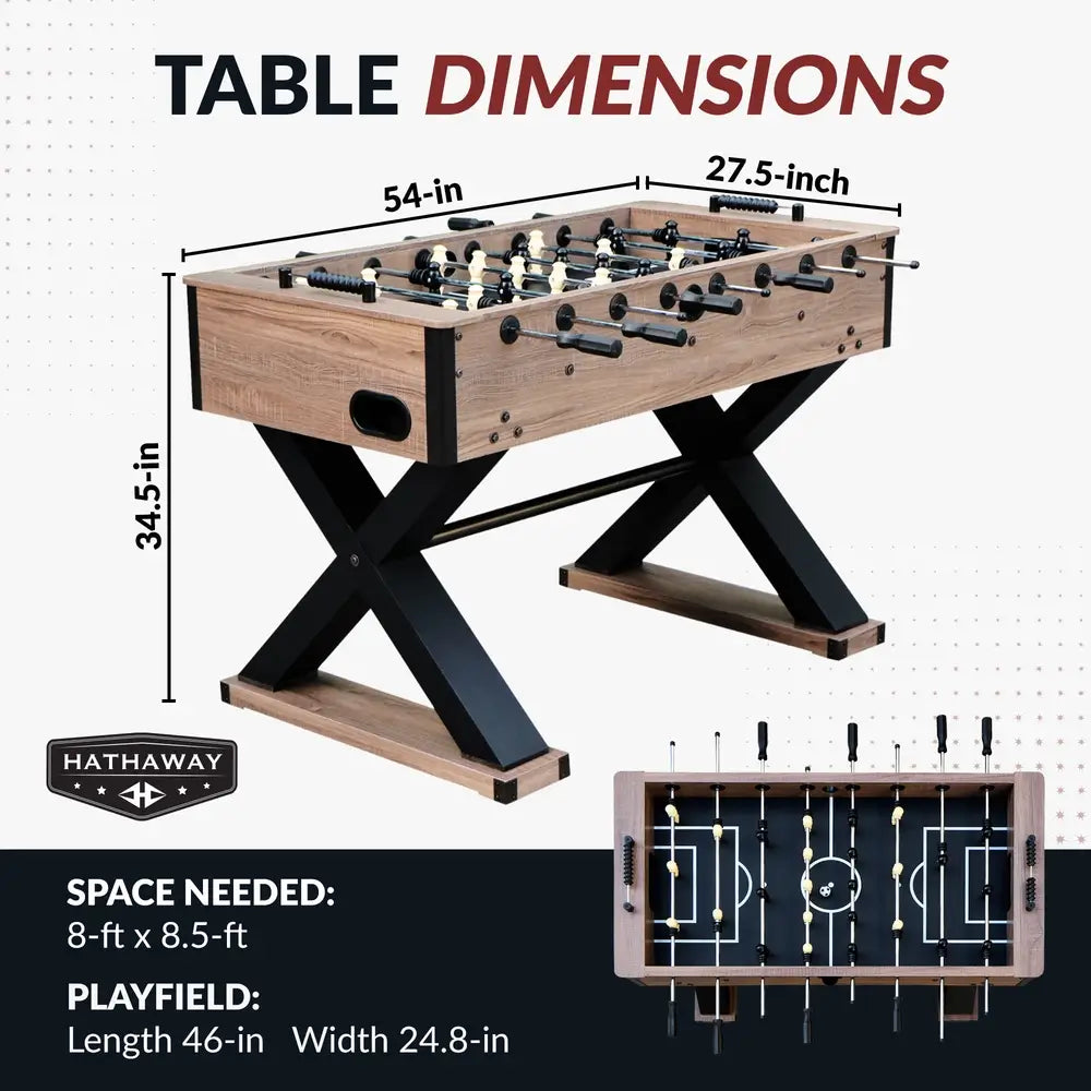 Hathaway Excalibur 54-in Foosball Table with measurements labeled—54 inches long, 27.5 inches wide, 34.5 inches tall—with required space of 8 ft x 8.5 ft and a 46 x 24.8 inch playfield.