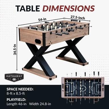 Hathaway Excalibur 54-in Foosball Table with measurements labeled—54 inches long, 27.5 inches wide, 34.5 inches tall—with required space of 8 ft x 8.5 ft and a 46 x 24.8 inch playfield.