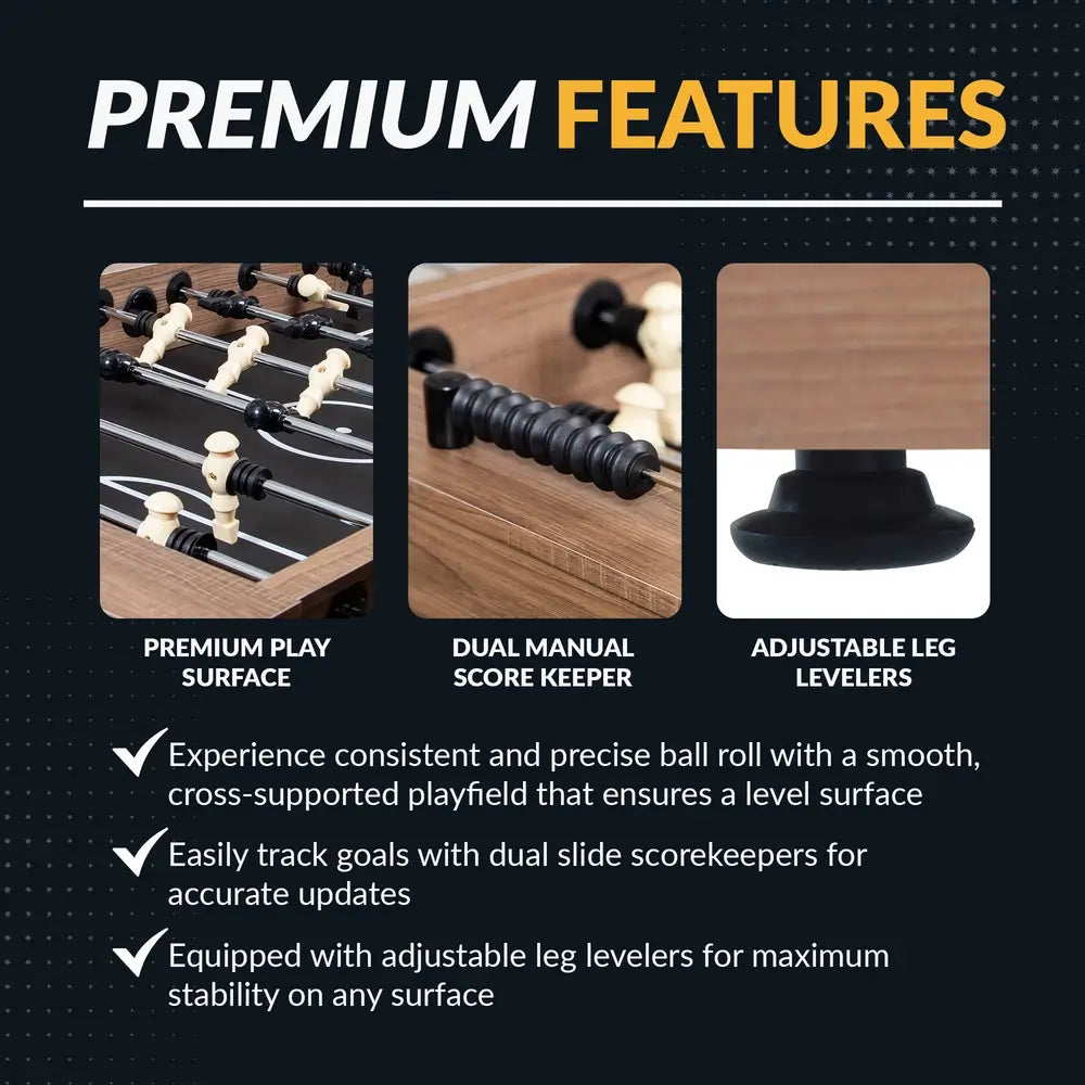 Features of the Hathaway Excalibur foosball table shown with close-up images: premium play surface, dual manual score keeper, and adjustable leg levelers for stable, precise gameplay.