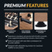Features of the Hathaway Excalibur foosball table shown with close-up images: premium play surface, dual manual score keeper, and adjustable leg levelers for stable, precise gameplay.