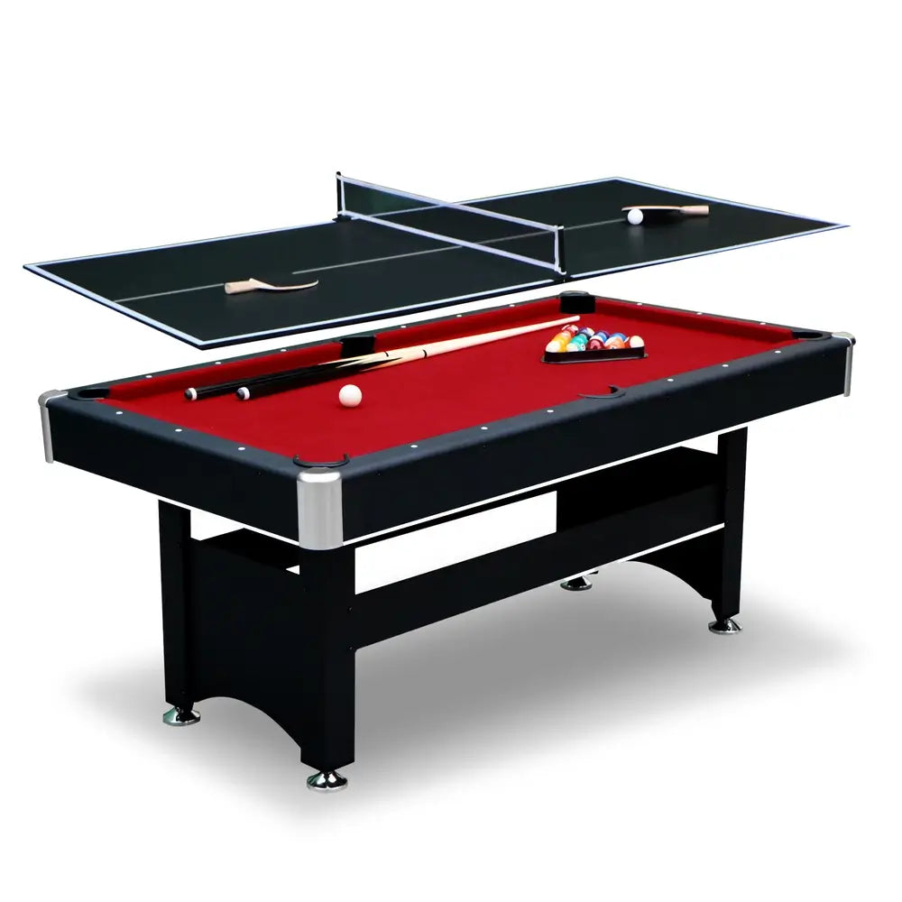 Hathaway Spartan 6-ft Pool Table with Table Tennis Top shown in dual-function setup, featuring a red felt billiard surface and a removable black table tennis conversion top, ideal for compact game rooms.