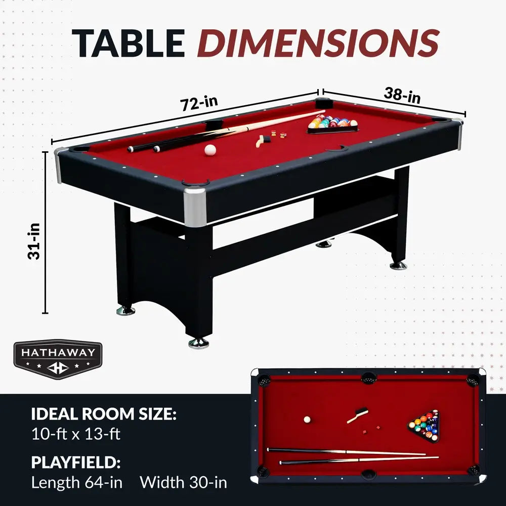 Hathaway Spartan 6-ft Pool Table with Table Tennis Top displaying full dimensions—72 inches long, 38 inches wide, and 31 inches high—with a playfield size of 64 by 30 inches and a recommended room size of 10x13 feet.