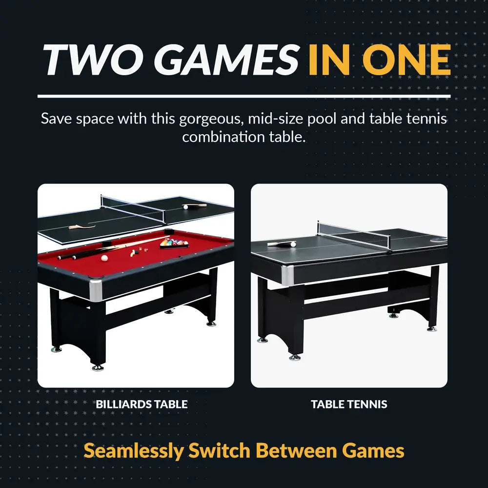 Hathaway Spartan 6-ft Pool Table with Table Tennis Top shown in both billiards and table tennis modes, illustrating its space-saving dual-game functionality and easy transition between games.