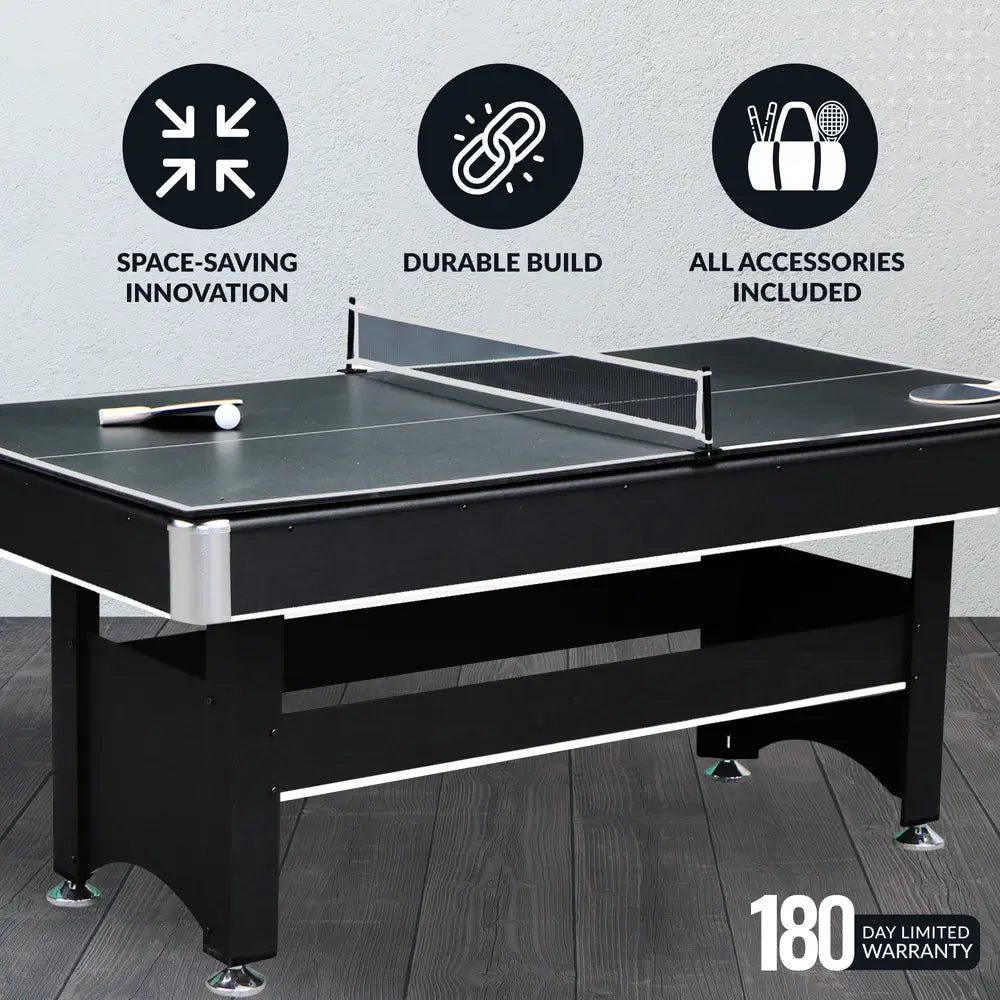 Table tennis setup on Hathaway Spartan 6-ft Pool Table with Table Tennis Top, highlighting its durable build, space-saving design, and included net, paddles, and ball accessories.