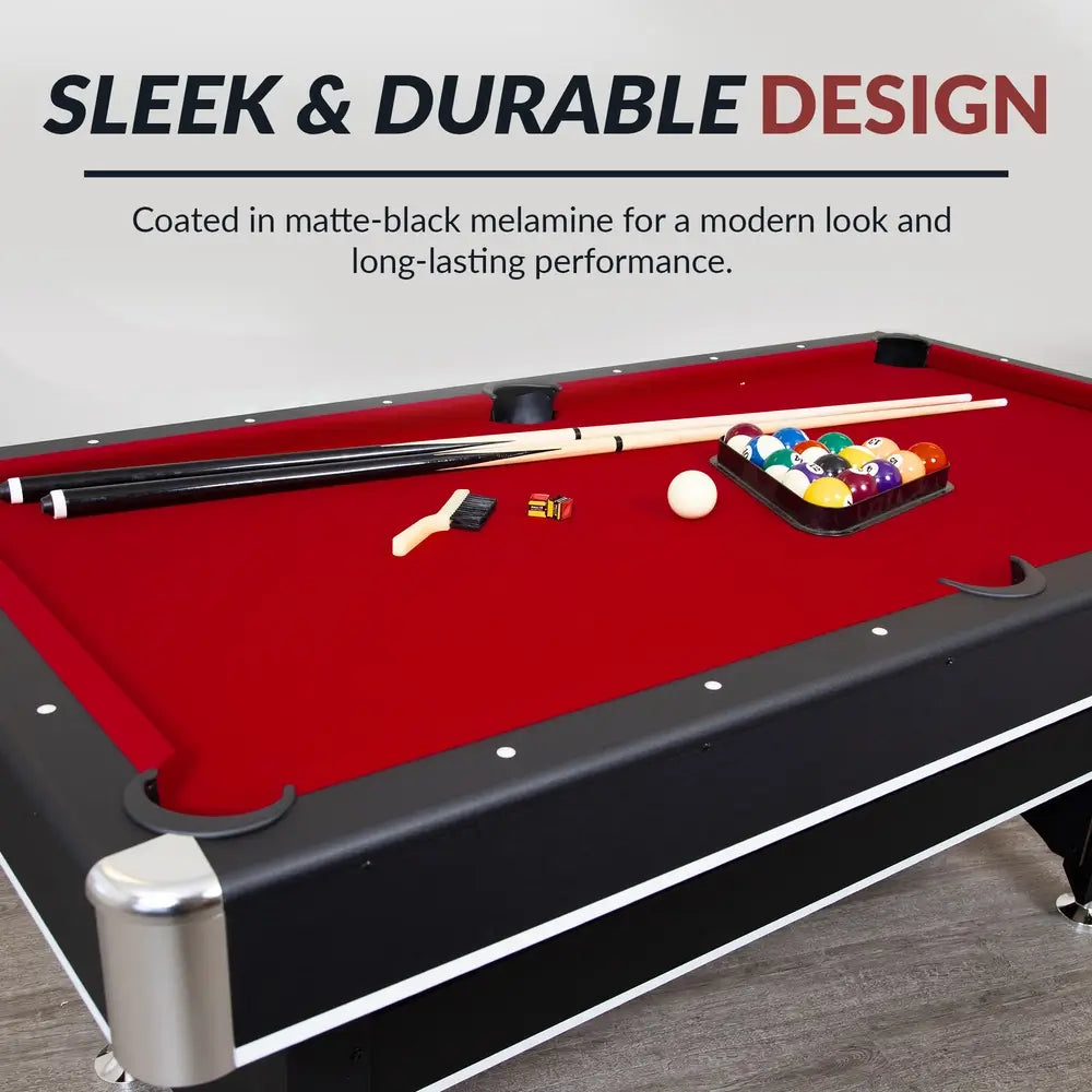 Hathaway Spartan 6-ft Pool Table with Table Tennis Top shown in pool mode with red felt surface, matte black melamine-coated frame, and chrome corner accents for modern aesthetics and lasting durability.