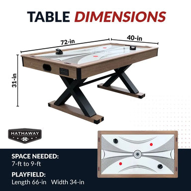 Table dimensions for Excalibur air hockey table: 72 inches long, 40 inches wide, and 31 inches tall; playfield measures 66 by 34 inches; requires 7 to 9 feet of space.