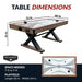 Table dimensions for Excalibur air hockey table: 72 inches long, 40 inches wide, and 31 inches tall; playfield measures 66 by 34 inches; requires 7 to 9 feet of space.