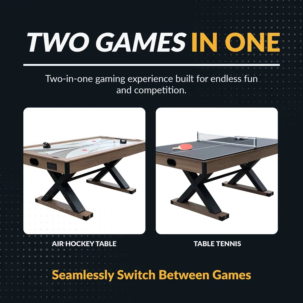 Two-in-one gaming table showing side-by-side air hockey and table tennis configurations; rustic wood frame with sturdy X-style legs and seamless transition between games.