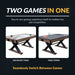 Two-in-one gaming table showing side-by-side air hockey and table tennis configurations; rustic wood frame with sturdy X-style legs and seamless transition between games.