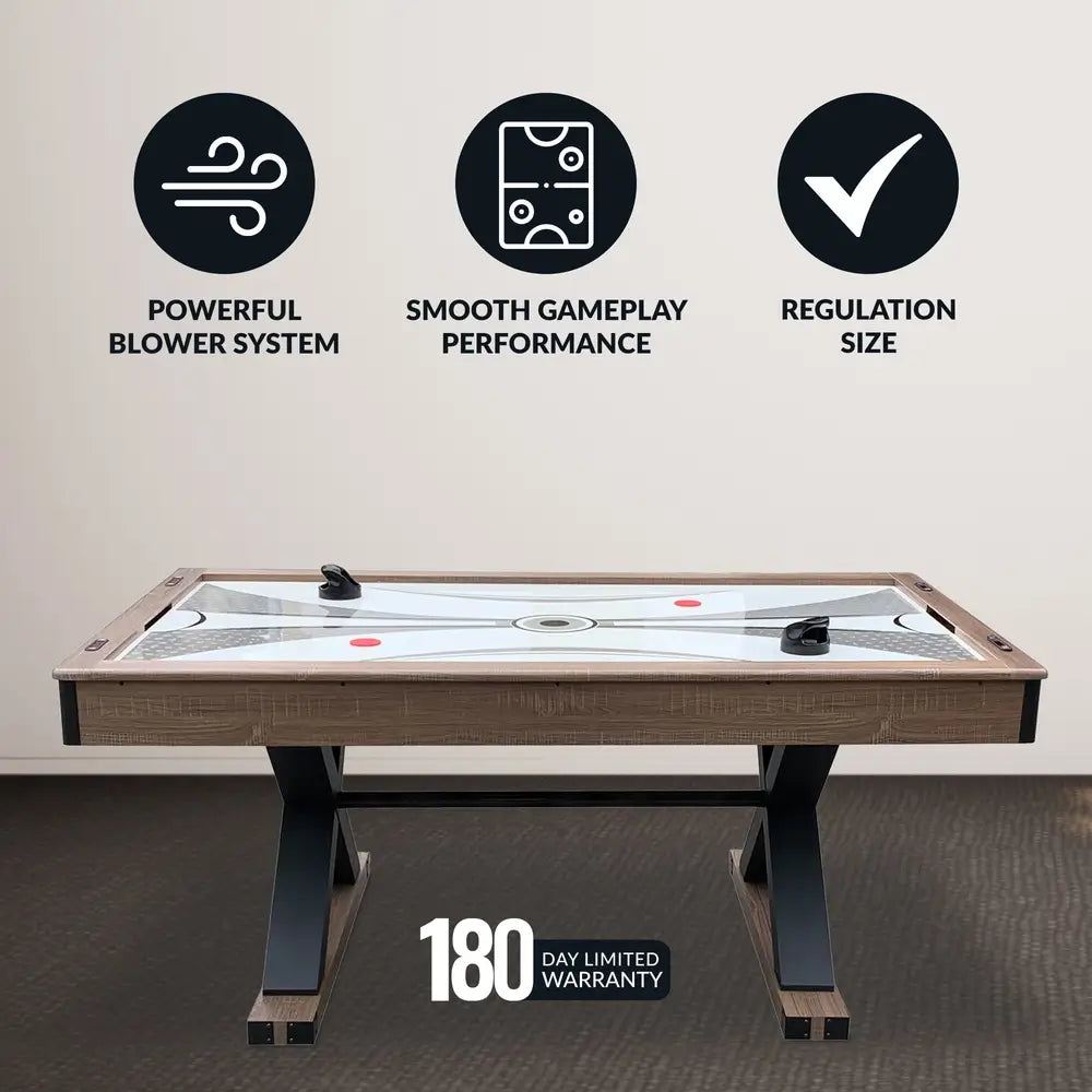 Excalibur air hockey table with regulation size playfield, powerful blower system, and smooth puck action; includes 180-day limited warranty badge and icon highlights.