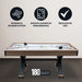 Excalibur air hockey table with regulation size playfield, powerful blower system, and smooth puck action; includes 180-day limited warranty badge and icon highlights.