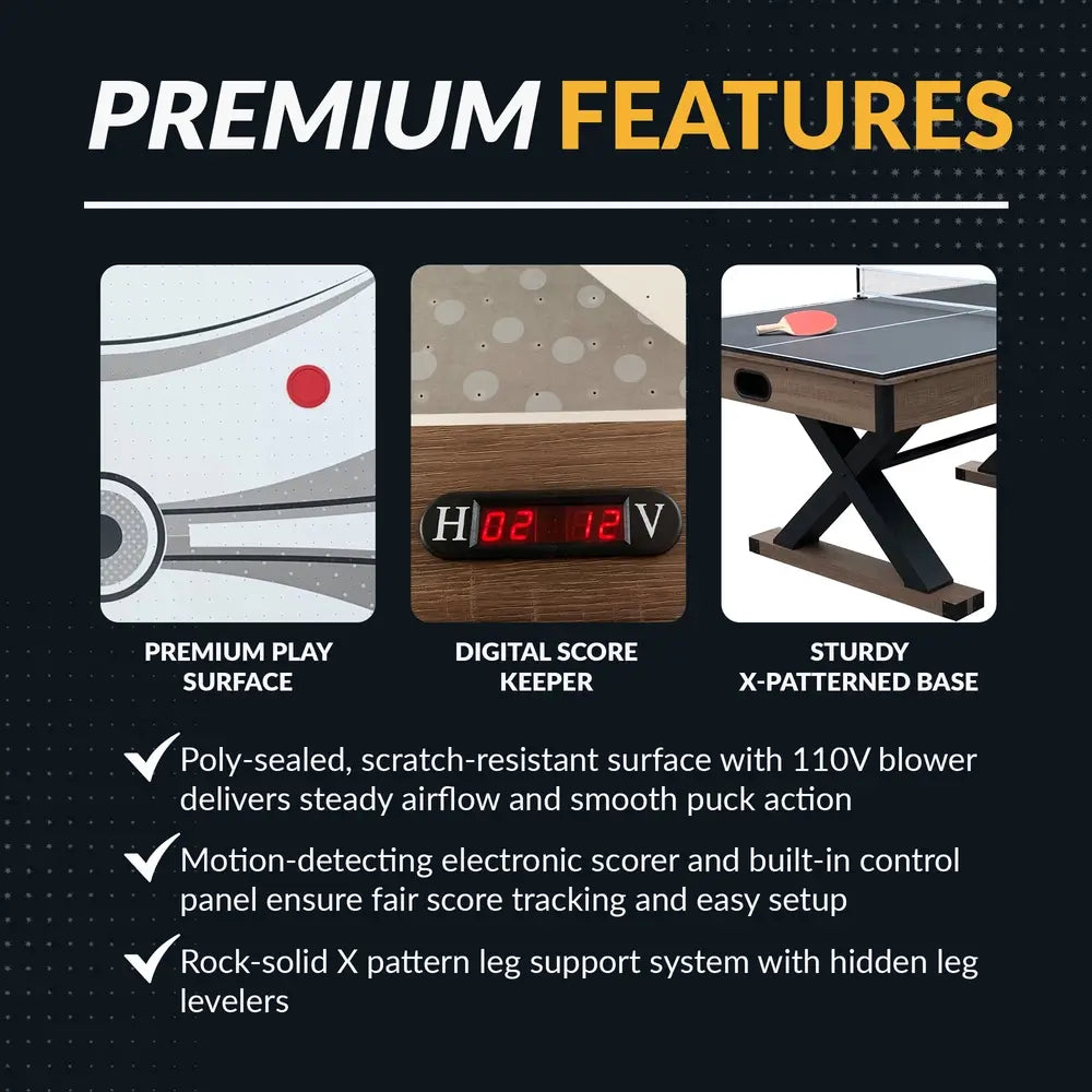 Premium features of Excalibur multi-game table including poly-sealed scratch-resistant surface, digital scorekeeper with LED display, and black X-pattern base with hidden leg levelers.
