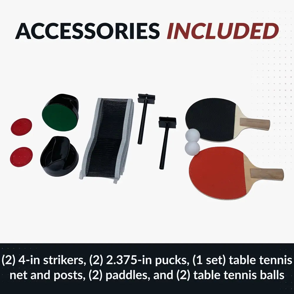 Included accessories for Excalibur 2-in-1 game table: two 4-inch strikers, two 2.375-inch pucks, table tennis net and posts, two paddles, and two ping pong balls.