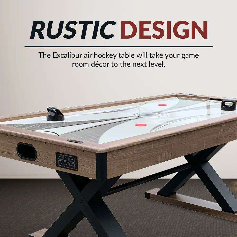 Rustic design of Excalibur air hockey table with wood grain finish and bold black X-base, ideal for enhancing game room aesthetics and modern decor.