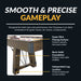 Features of Hathaway Cheyenne shuffleboard table including super slick playing surface, rock-solid A-frame leg foundation, and adjustable leg levelers.