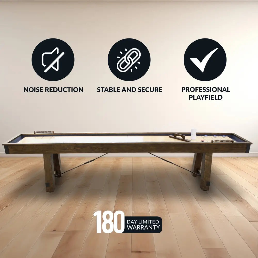 Full view of rustic-style Hathaway Cheyenne shuffleboard table placed on hardwood floor, with labels highlighting noise reduction, stability, and professional-grade playfield.
