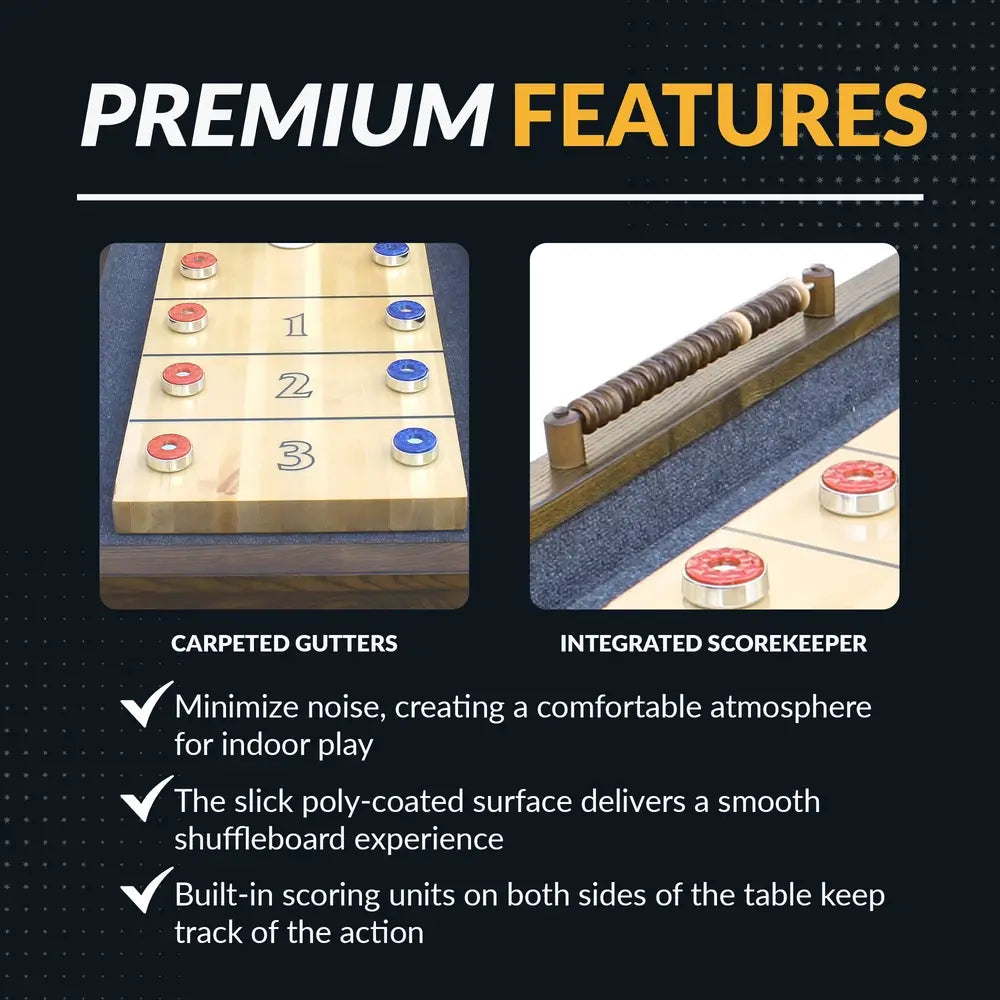 Premium features of Hathaway Cheyenne table including carpeted gutters for noise reduction and built-in abacus scorekeeper on both sides.