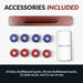 Included accessories for Hathaway Cheyenne shuffleboard table: 4 red and 4 blue pucks, one table brush, and one can of shuffleboard speed wax.