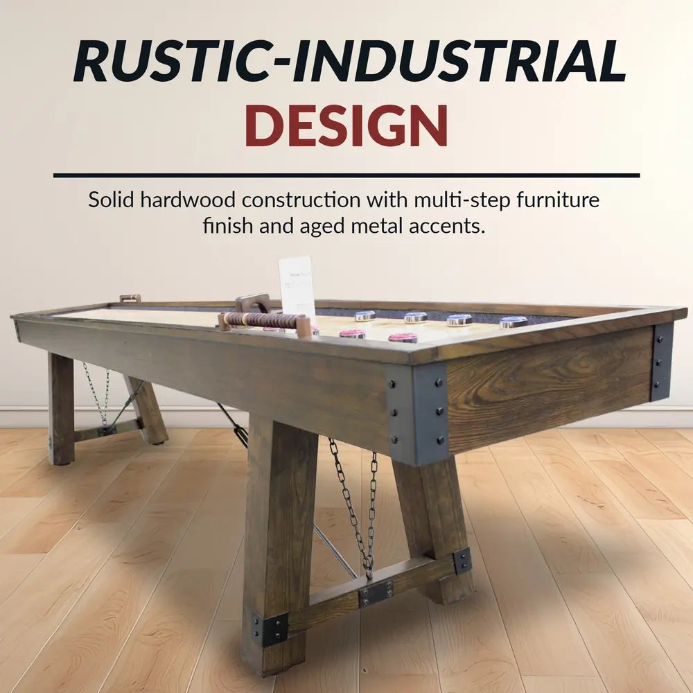 Side view of Hathaway Cheyenne shuffleboard table showing rustic-industrial design with aged metal brackets, multi-step wood finish, and cross-support chains for stability.