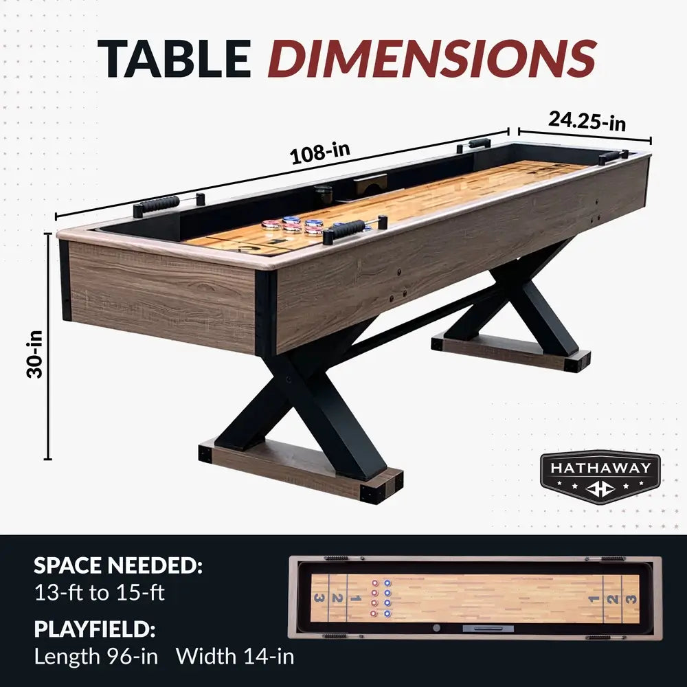 Diagram showing the Excalibur shuffleboard table dimensions: 108 inches long, 24.25 inches wide, and 30 inches tall with a 96 x 14 inch playfield.