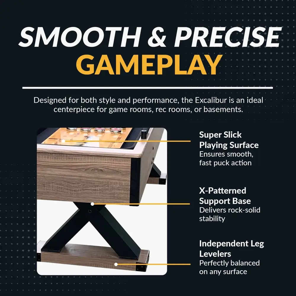 Close-up highlighting Excalibur’s smooth poly-coated surface, X-pattern metal support base, and adjustable leg levelers for stability.