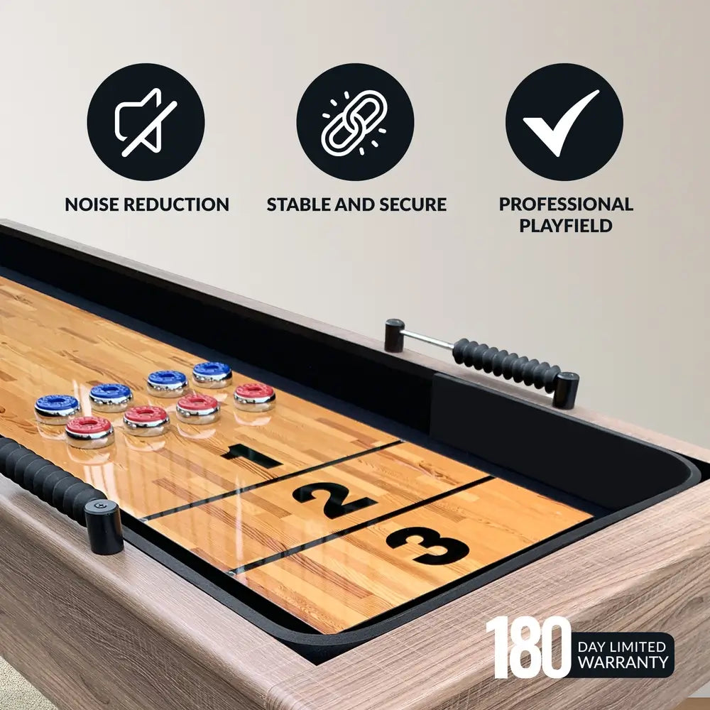 Shuffleboard playfield view with red and blue pucks and scoring zones; labeled features include noise reduction, stability, and professional playfield.
