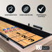 Shuffleboard playfield view with red and blue pucks and scoring zones; labeled features include noise reduction, stability, and professional playfield.