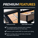 Premium features of the Hathaway Excalibur shuffleboard table including carpeted gutters, poly-coated MDF playfield, and built-in scorekeepers.