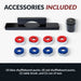 Shuffleboard accessories included: 4 red and 4 blue pucks, one table brush, and one can of shuffleboard wax.
