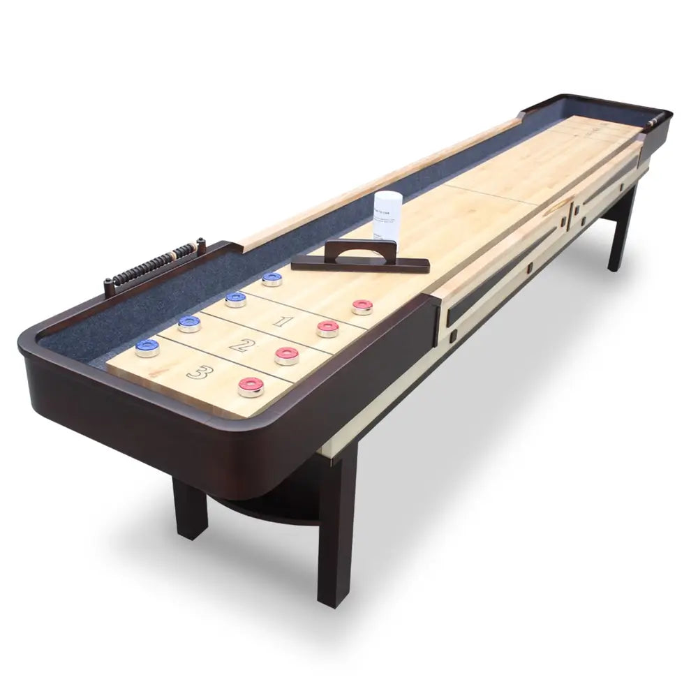 Hathaway Merlot shuffleboard table in a darker wood finish with complete game accessories and carpeted gutters for noise reduction.