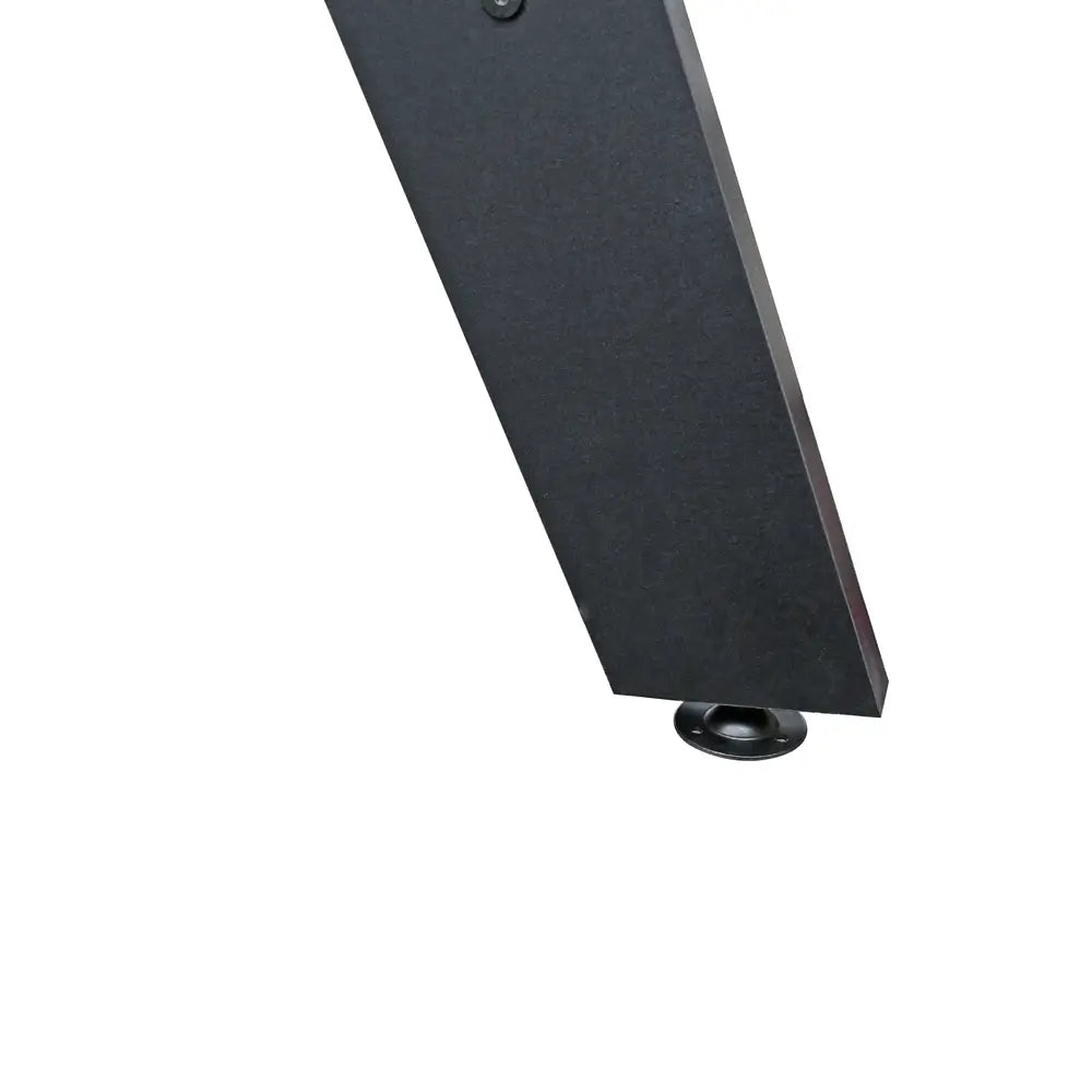 Zoomed-in view of angled black leg with round adjustable leveler base, providing sturdy support for the foosball table on uneven surfaces.