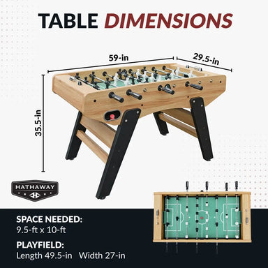 Foosball table dimensions infographic showing 59 inches in length, 29.5 inches in width, and 35.5 inches in height; includes space requirement of 9.5 ft by 10 ft and a playfield size of 49.5 by 27 inches.