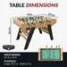 Foosball table dimensions infographic showing 59 inches in length, 29.5 inches in width, and 35.5 inches in height; includes space requirement of 9.5 ft by 10 ft and a playfield size of 49.5 by 27 inches.