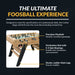 Promotional graphic highlighting premium foosball table features: smooth precision playfield, E-Z spin bearing rods for frictionless movement, and sturdy ladder-style black legs for enhanced stability.