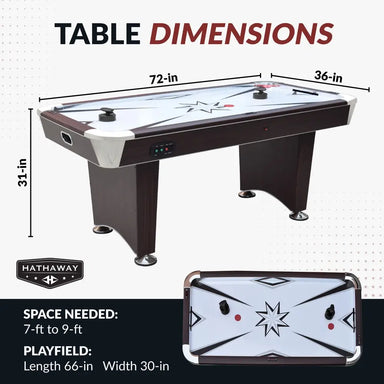 Air hockey table dimensions chart showing full size of 72 inches long, 36 inches wide, and 31 inches high. Playfield dimensions are 66 inches by 30 inches. Space requirement: 7 to 9 feet. Hathaway logo visible. Table features black pushers, red pucks, and a sleek, dark cherry wood finish.