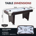 Air hockey table dimensions chart showing full size of 72 inches long, 36 inches wide, and 31 inches high. Playfield dimensions are 66 inches by 30 inches. Space requirement: 7 to 9 feet. Hathaway logo visible. Table features black pushers, red pucks, and a sleek, dark cherry wood finish.