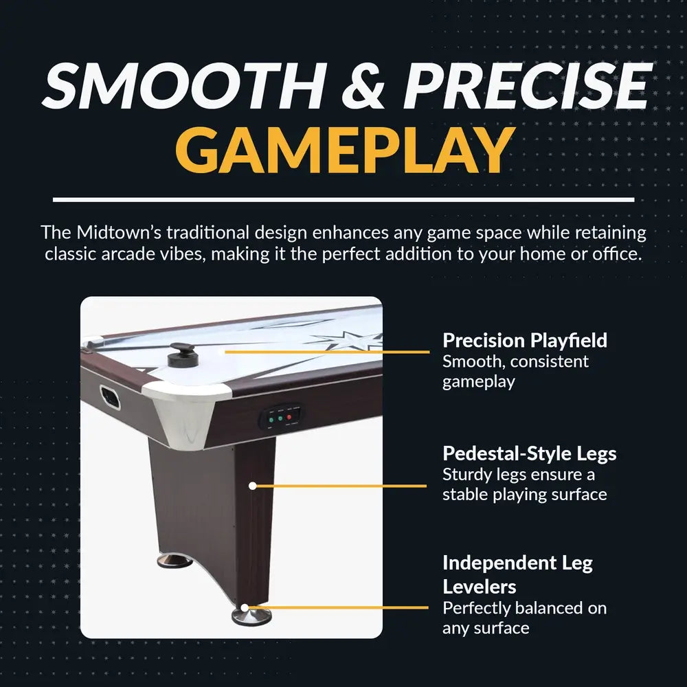 Infographic highlighting smooth and precise gameplay on a Hathaway air hockey table. Key features labeled: precision playfield for consistent action, pedestal-style legs for durability, and independent leg levelers for surface balance. Table shown in dark cherry finish with black accessories.