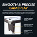 Infographic highlighting smooth and precise gameplay on a Hathaway air hockey table. Key features labeled: precision playfield for consistent action, pedestal-style legs for durability, and independent leg levelers for surface balance. Table shown in dark cherry finish with black accessories.