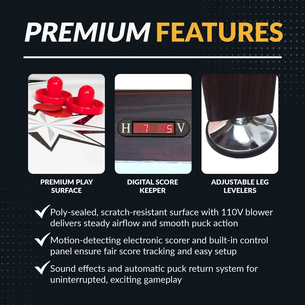 Premium features graphic for air hockey table highlighting red strikers and pucks on a star graphic playfield, digital score keeper display showing 7 to 5, and chrome-plated leg levelers. Text emphasizes scratch-resistant poly-sealed surface, motion-detecting scoring, and sound effects with puck return.