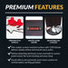 Premium features graphic for air hockey table highlighting red strikers and pucks on a star graphic playfield, digital score keeper display showing 7 to 5, and chrome-plated leg levelers. Text emphasizes scratch-resistant poly-sealed surface, motion-detecting scoring, and sound effects with puck return.