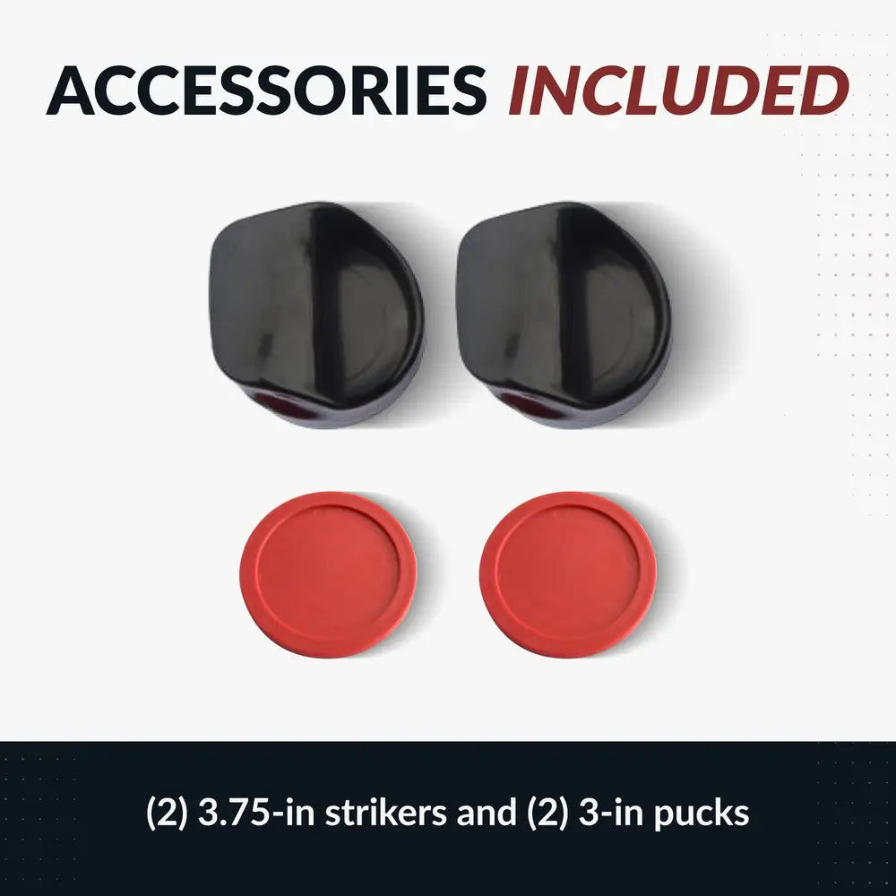 Accessories included image showing two 3.75-inch black ergonomic strikers and two 3-inch red pucks for air hockey table. Displayed on white background with bold header text “ACCESSORIES INCLUDED”.