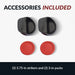 Accessories included image showing two 3.75-inch black ergonomic strikers and two 3-inch red pucks for air hockey table. Displayed on white background with bold header text “ACCESSORIES INCLUDED”.