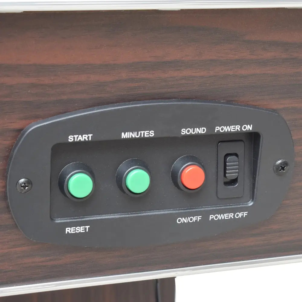Close-up of the air hockey table’s control panel embedded in the wooden side rail, showing power switch, start/reset buttons, sound control, and time setting buttons. Panel includes green and red buttons for ease of use.