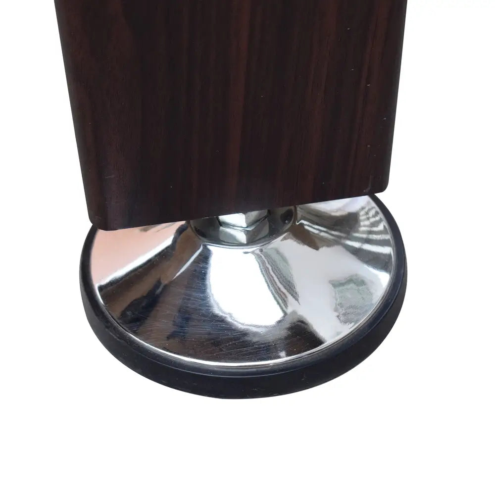 Close-up of an adjustable leg leveler on the air hockey table, featuring a chrome finish and black stabilizing base. Attached to a dark wood pedestal-style leg for balanced gameplay on any surface.