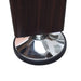 Close-up of an adjustable leg leveler on the air hockey table, featuring a chrome finish and black stabilizing base. Attached to a dark wood pedestal-style leg for balanced gameplay on any surface.