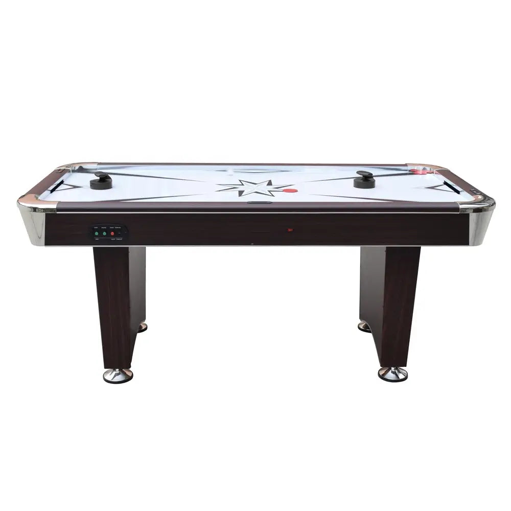 Full side view of Hathaway air hockey table in dark cherry finish with white starburst playfield, black strikers, red puck, and side control panel. Table rests on chrome leg levelers for stability and leveling.