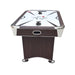 End view of air hockey table showcasing puck return slot built into the side, chrome corner guards, dark cherry wood finish, and pedestal base with curved support and round chrome feet. Black strikers and red puck visible on playfield.