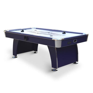 Hathaway Phantom II air hockey table in blue with a curved pedestal base, chrome corner caps, and a glossy white playfield. Includes black ergonomic pushers, pucks, and a side-mounted electronic control panel for gameplay features.