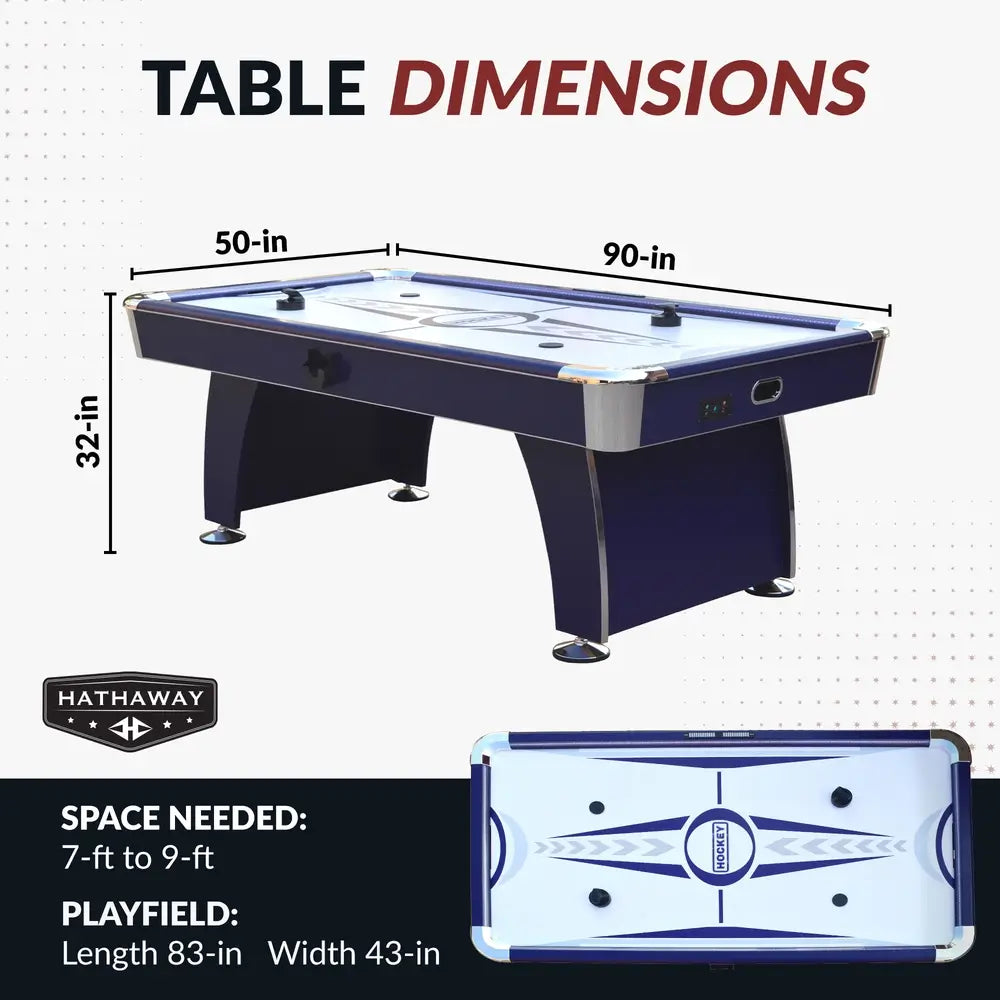 Table dimensions graphic for Hathaway Phantom II air hockey table, measuring 90 inches long, 50 inches wide, and 32 inches high. Playfield size is 83 inches by 43 inches. Visual shows top and angled views with Hathaway branding.